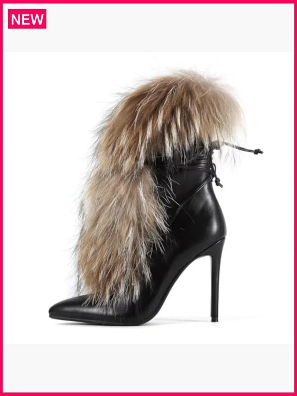 Handmade Stiletto Ankle Booties, Furry Fluffy Fur Lace-Up Heeled Boots